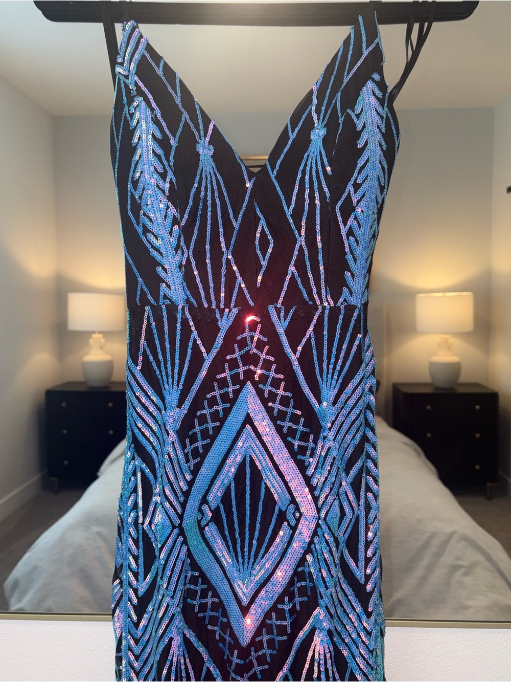 Sequin V-Neck Black Dress with Iridescent Blue Pattern